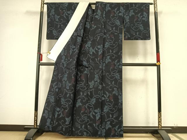 平和屋着物▽結城ちぢみ 単衣 花唐草文 正絹 逸品 AABA7478fy