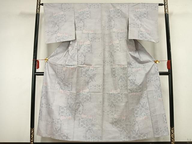 平和屋着物▽本場大島紬 白大島 単衣 幾何学花文 正絹 逸品 AABA7479fy