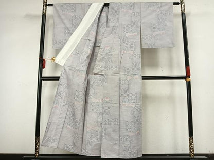 平和屋着物▽本場大島紬 白大島 単衣 幾何学花文 正絹 逸品 AABA7479fy