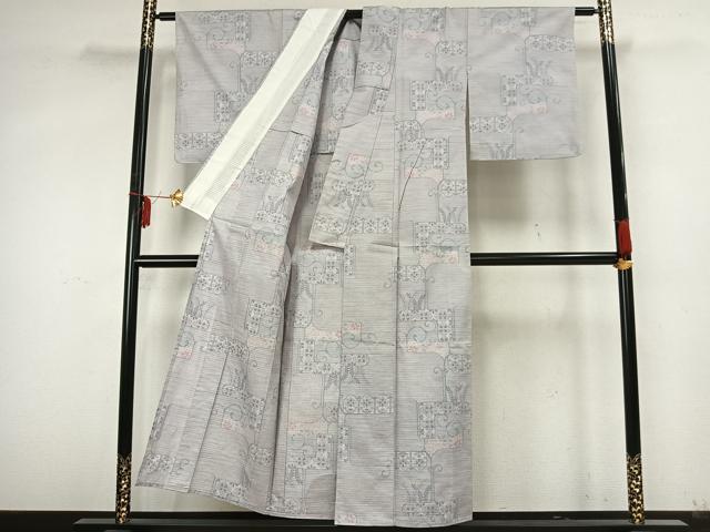 平和屋着物▽本場大島紬 白大島 単衣 幾何学花文 正絹 逸品 AABA7479fy