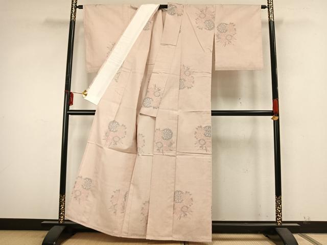平和屋着物▽結城紬　単衣　100亀甲　草花源氏車文　正絹　逸品　AABA7480fy