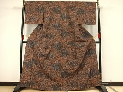 平和屋着物▽上質な小紋 単衣 紬地 草花文 正絹 逸品 AABA7482fy