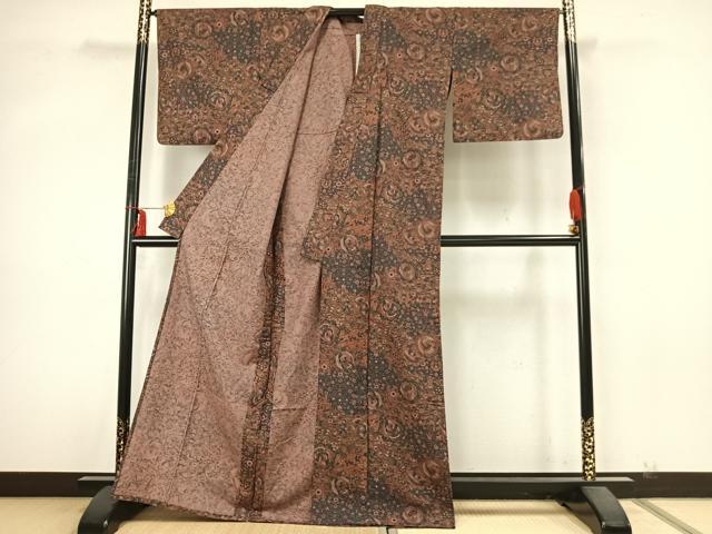 平和屋着物▽上質な小紋 単衣 紬地 草花文 正絹 逸品 AABA7482fy