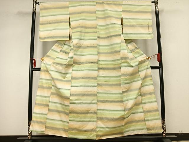 平和屋着物▽上質な紬 単衣 横段文 正絹 逸品 AABA7483fy