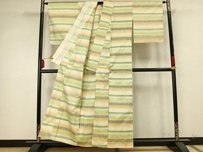 平和屋着物▽上質な紬 単衣 横段文 正絹 逸品 AABA7483fy