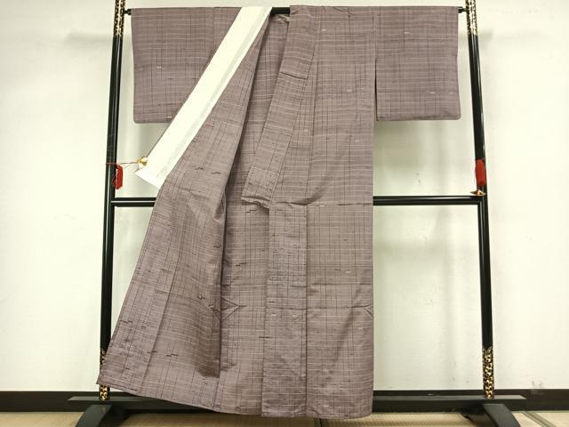 平和屋着物▽上質な紬 単衣 格子 正絹 逸品 AABA7485fy