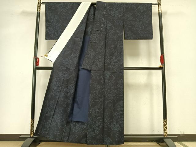 平和屋着物▽上質な紬 単衣 草花文 正絹 逸品 未使用 AABA7488fy