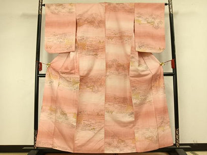 平和屋着物▽上質な紬　単衣　手描き　風景草花文　正絹　逸品　AABA7489fy