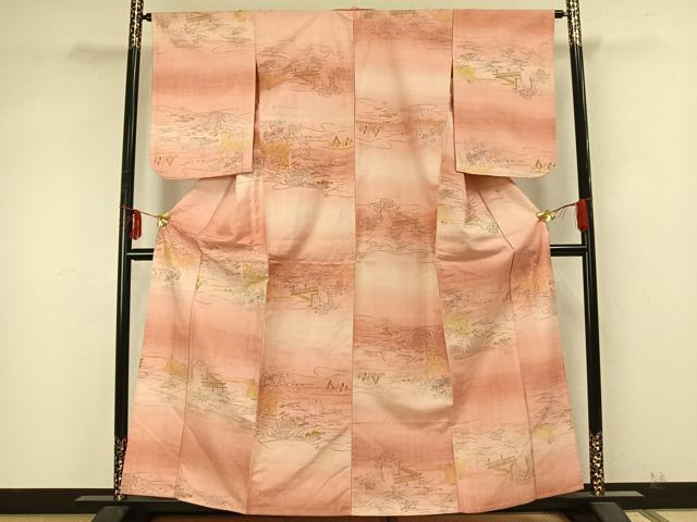 平和屋着物▽上質な紬　単衣　手描き　風景草花文　正絹　逸品　AABA7489fy