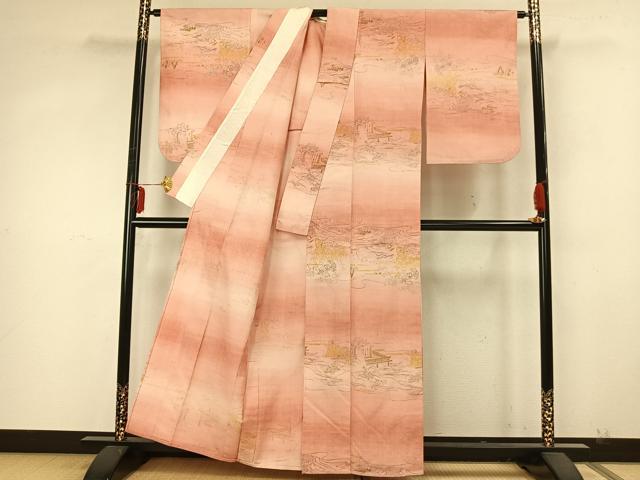 平和屋着物▽上質な紬　単衣　手描き　風景草花文　正絹　逸品　AABA7489fy