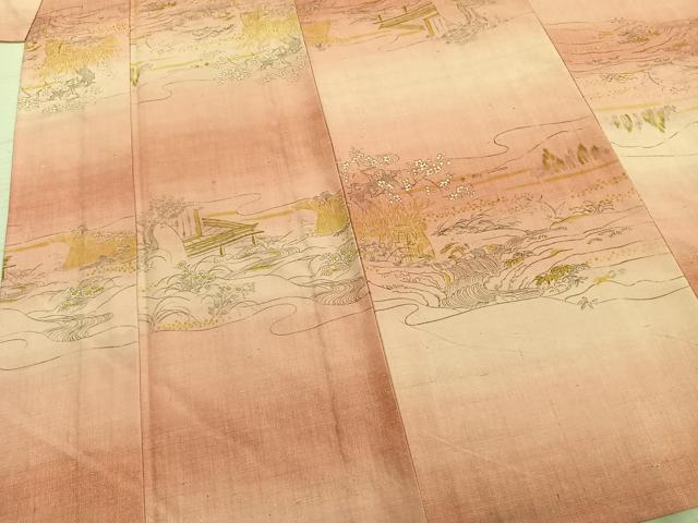 平和屋着物▽上質な紬　単衣　手描き　風景草花文　正絹　逸品　AABA7489fy