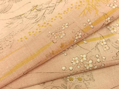平和屋着物▽上質な紬　単衣　手描き　風景草花文　正絹　逸品　AABA7489fy