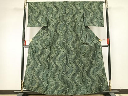 平和屋着物▽上質な紬 単衣 草花文 正絹 逸品 AABA7491fy