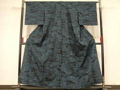 平和屋着物▽本塩沢 単衣 風景草花文 正絹 逸品 AABA7492fy