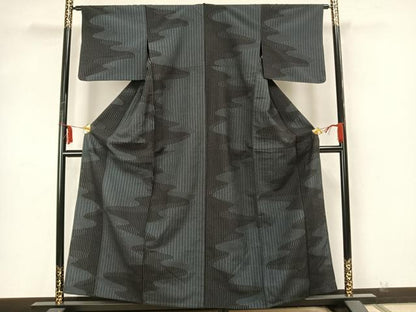 平和屋着物▽本塩沢 単衣 110亀甲 幾何学文様 正絹 逸品 AABA7498fy