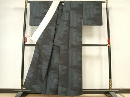 平和屋着物▽本塩沢 単衣 110亀甲 幾何学文様 正絹 逸品 AABA7498fy