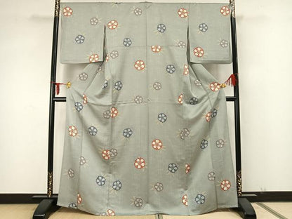 平和屋着物▽上質な小紋　単衣　草花文　正絹　逸品　AABA7504fy