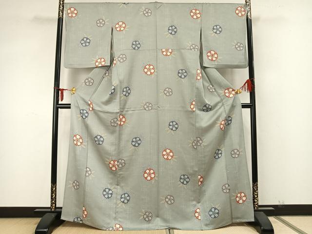 平和屋着物▽上質な小紋　単衣　草花文　正絹　逸品　AABA7504fy