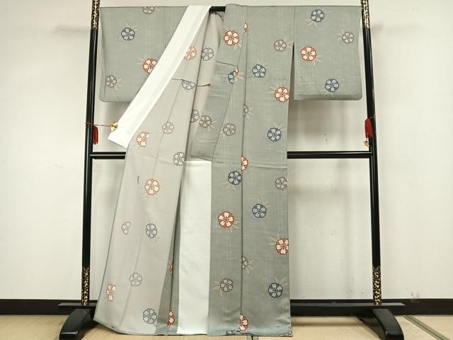 平和屋着物▽上質な小紋　単衣　草花文　正絹　逸品　AABA7504fy