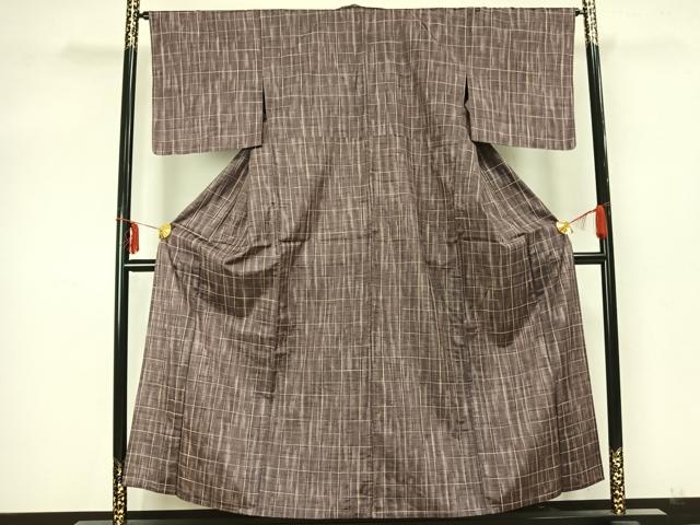 平和屋着物▽上質な紬　単衣　刺し子　格子　正絹　逸品　AABA7506fy