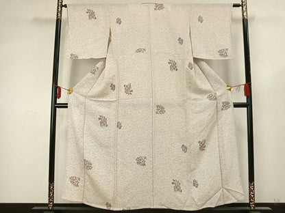 平和屋着物▽上質な小紋　単衣　草花文　鬼しぼ縮緬　正絹　逸品　AABA7509fy