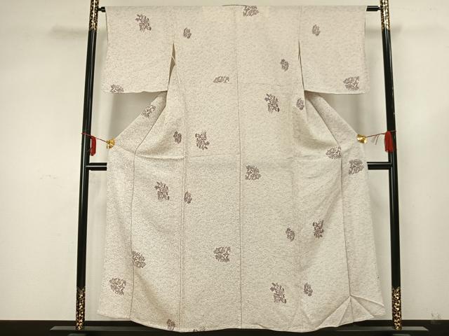 平和屋着物▽上質な小紋　単衣　草花文　鬼しぼ縮緬　正絹　逸品　AABA7509fy