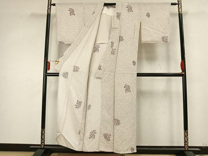 平和屋着物▽上質な小紋　単衣　草花文　鬼しぼ縮緬　正絹　逸品　AABA7509fy