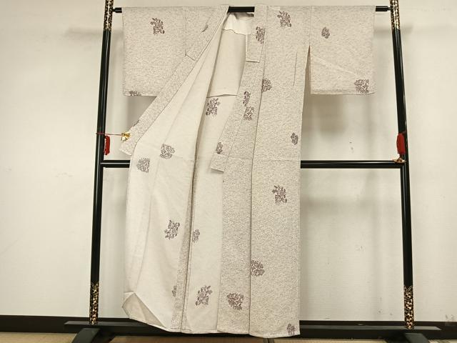 平和屋着物▽上質な小紋　単衣　草花文　鬼しぼ縮緬　正絹　逸品　AABA7509fy