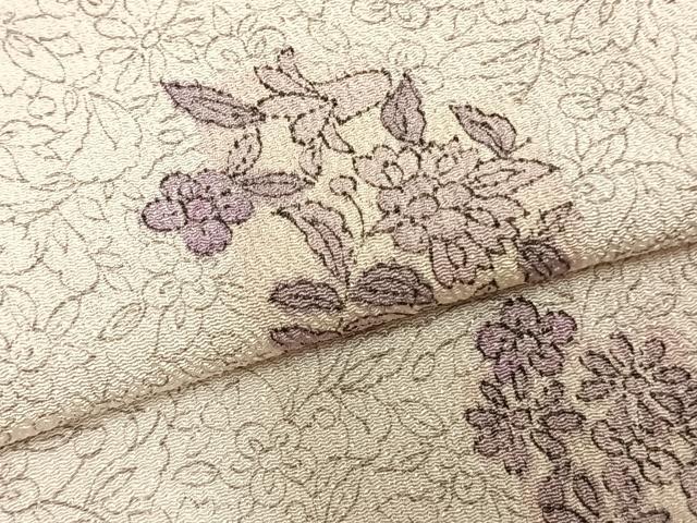 平和屋着物▽上質な小紋　単衣　草花文　鬼しぼ縮緬　正絹　逸品　AABA7509fy