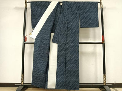 平和屋着物▽上質な紬 単衣 斜縞 正絹 逸品 AABA7515fy