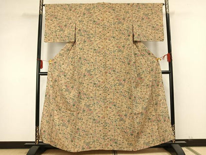 平和屋着物▽上質な小紋 単衣 型染め 草花文 正絹 逸品 AABA7519fy