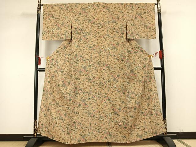 平和屋着物▽上質な小紋 単衣 型染め 草花文 正絹 逸品 AABA7519fy