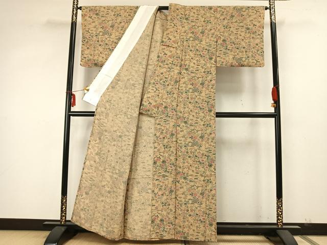 平和屋着物▽上質な小紋 単衣 型染め 草花文 正絹 逸品 AABA7519fy