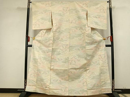 平和屋着物▽上質な紬 単衣 雲取り草花文 正絹 逸品 AABA7522fy