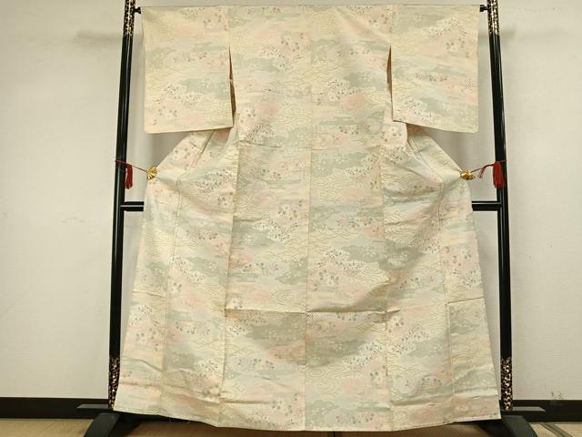 平和屋着物▽上質な紬 単衣 雲取り草花文 正絹 逸品 AABA7522fy