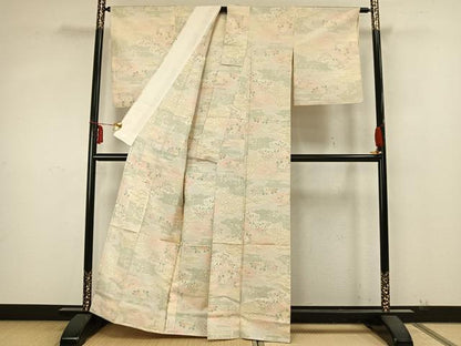 平和屋着物▽上質な紬 単衣 雲取り草花文 正絹 逸品 AABA7522fy