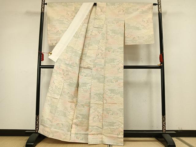 平和屋着物▽上質な紬 単衣 雲取り草花文 正絹 逸品 AABA7522fy