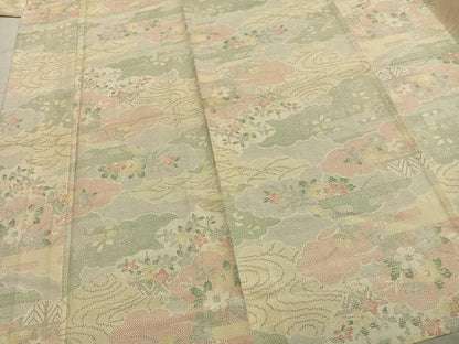 平和屋着物▽上質な紬 単衣 雲取り草花文 正絹 逸品 AABA7522fy