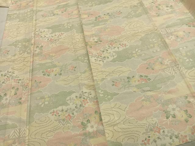 平和屋着物▽上質な紬 単衣 雲取り草花文 正絹 逸品 AABA7522fy