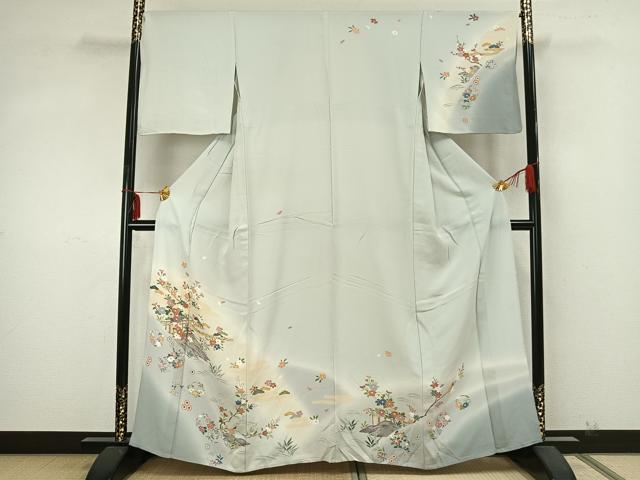 平和屋着物▽訪問着 単衣 風景草花文 暈し染め 金彩 正絹 逸品 AABA7529fy
