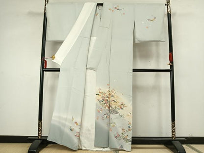 平和屋着物▽訪問着 単衣 風景草花文 暈し染め 金彩 正絹 逸品 AABA7529fy