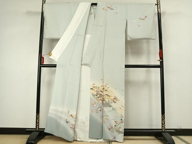 平和屋着物▽訪問着 単衣 風景草花文 暈し染め 金彩 正絹 逸品 AABA7529fy