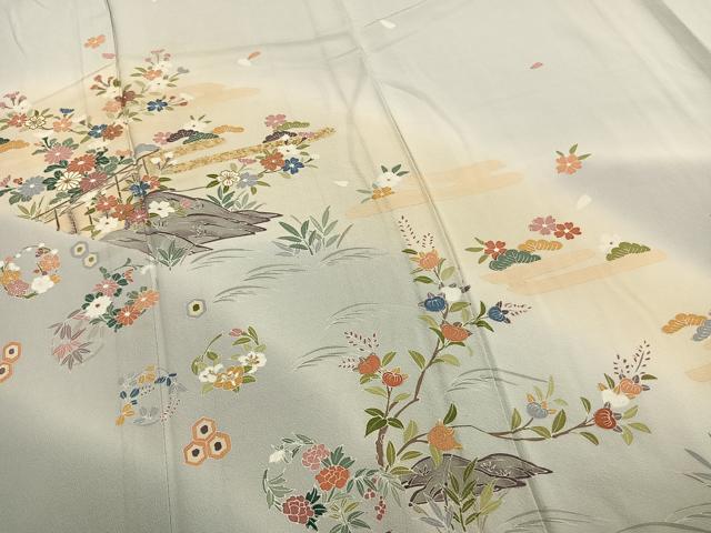 平和屋着物▽訪問着 単衣 風景草花文 暈し染め 金彩 正絹 逸品 AABA7529fy