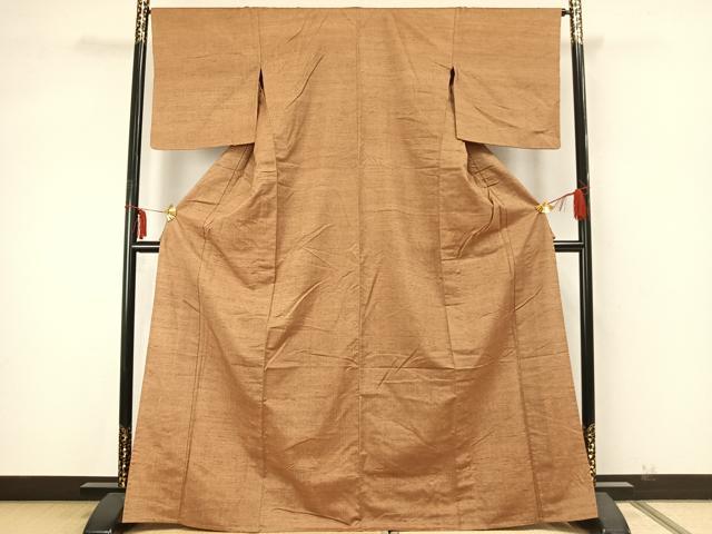 平和屋着物▽上質な紬 単衣 色無地 黄枯茶色 正絹 逸品 AABA7531fy