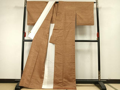 平和屋着物▽上質な紬 単衣 色無地 黄枯茶色 正絹 逸品 AABA7531fy