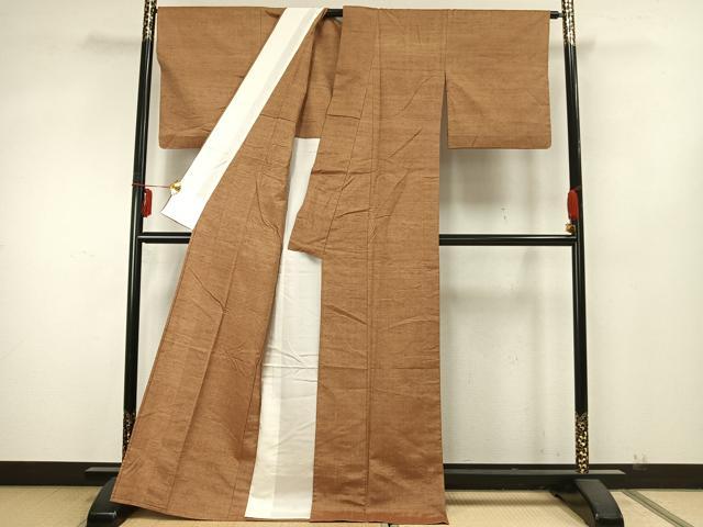 平和屋着物▽上質な紬 単衣 色無地 黄枯茶色 正絹 逸品 AABA7531fy