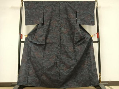 平和屋着物▽上質な紬 単衣 風景文 正絹 逸品 AABA7532fy