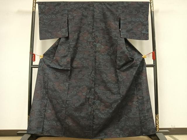 平和屋着物▽上質な紬 単衣 風景文 正絹 逸品 AABA7532fy