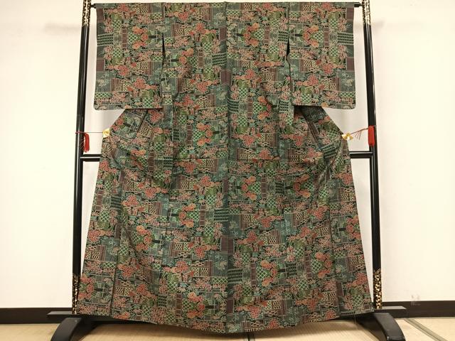 平和屋着物▽本場大島紬 単衣 7マルキ 草花文 正絹 逸品 AABA7533fy