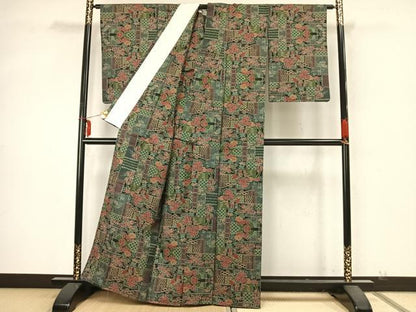 平和屋着物▽本場大島紬 単衣 7マルキ 草花文 正絹 逸品 AABA7533fy